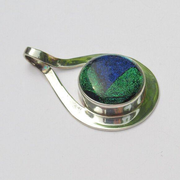 Dichroic Glass Sterling Silver Teardrop Pendant Blue & Green Handmade In Mexico - Picture 4 of 13
